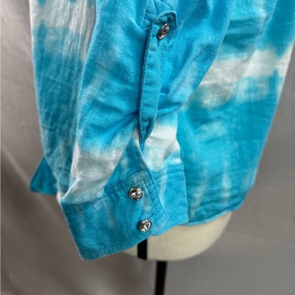 Tye Dye Rhinestone Button Front Tie Blouse Blue - Picture 5 of 6
